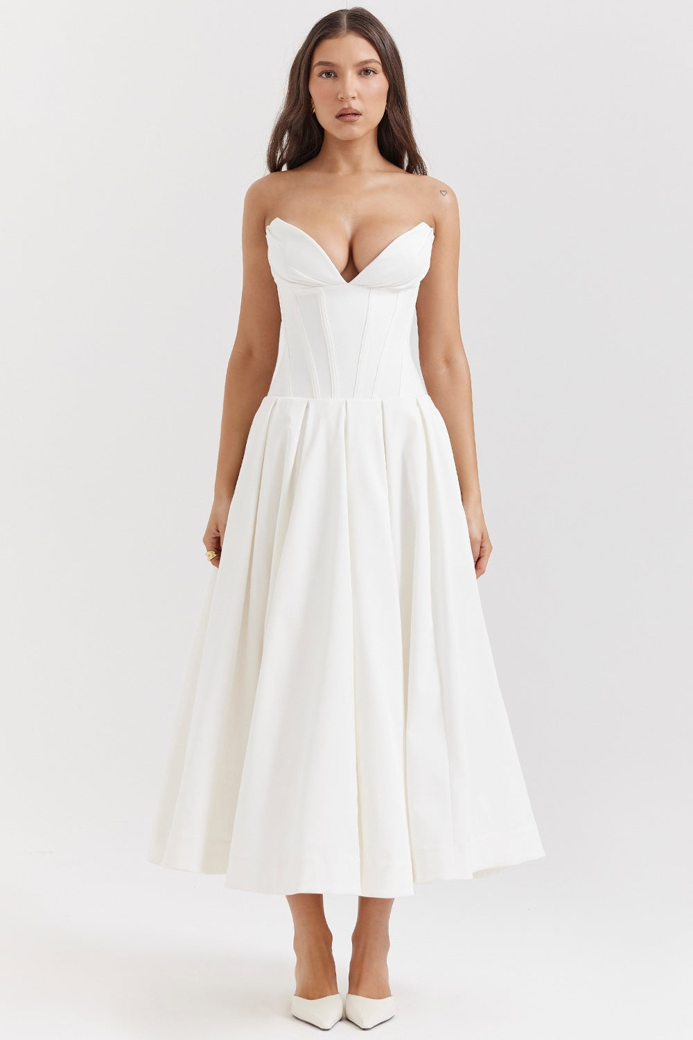 Damen nan trägerloses Korsett-Midikleid mit vorgeformter Miederkonstruktion und ausgestelltem Tellerrock Drune