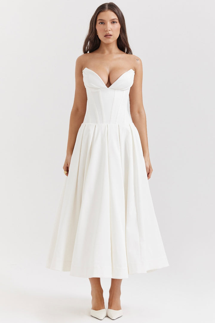 Damen nan trägerloses Korsett-Midikleid mit vorgeformter Miederkonstruktion und ausgestelltem Tellerrock Drune
