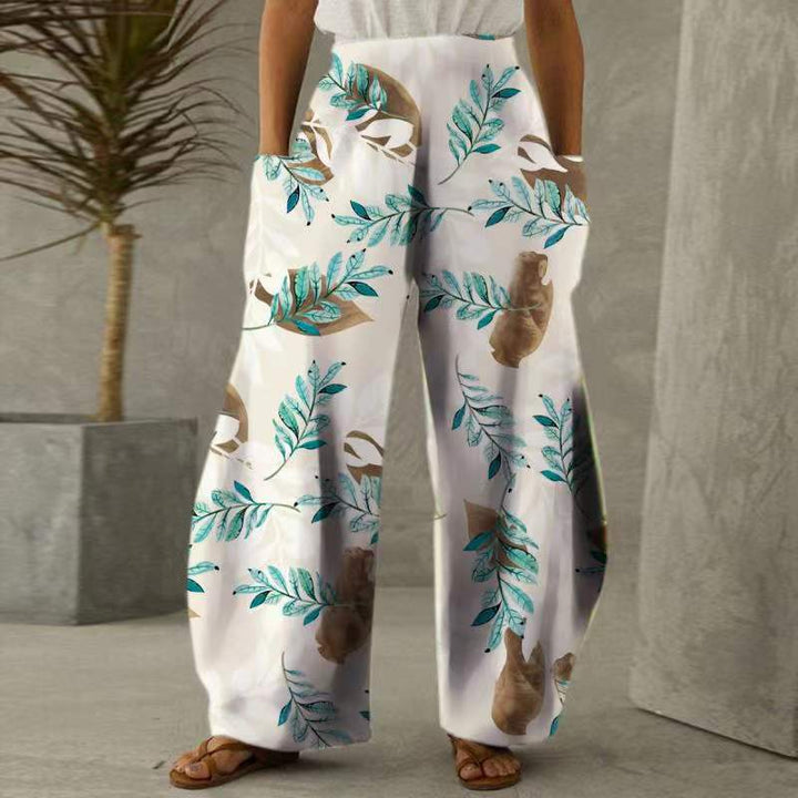 Damen Weite Blumen-Hosen mit Taschen und elastischem Bund Drune