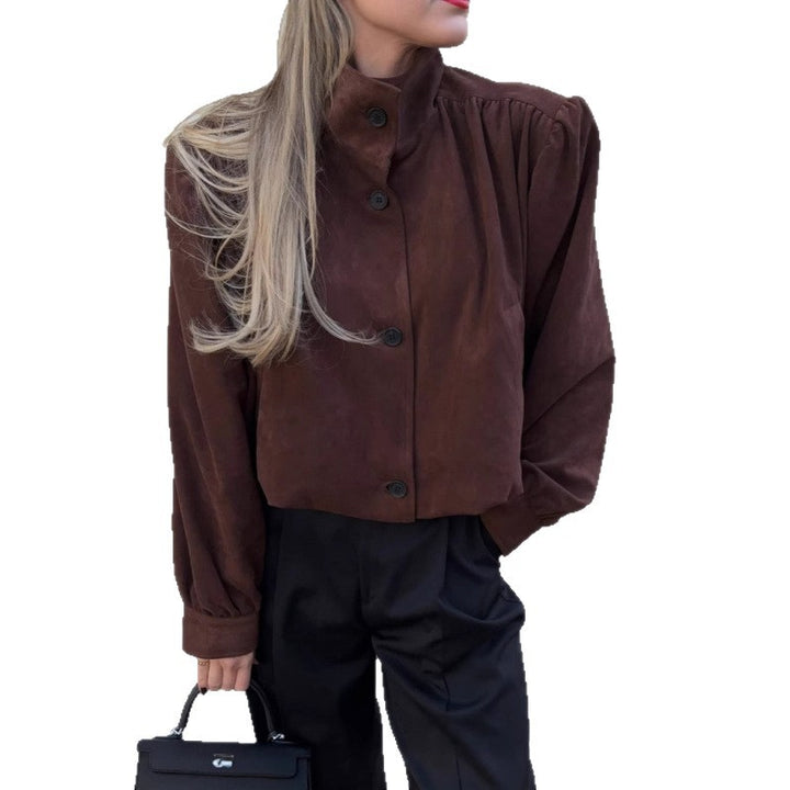 Damen elegante Jacke mit strukturierten Puffärmeln und Knopfdetail Drune