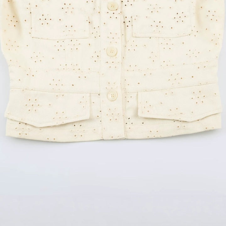 Damen Kurze Broderie‑Anglaise Jacke im Utilitarstil mit Stehkragen und Pattentaschen Drune