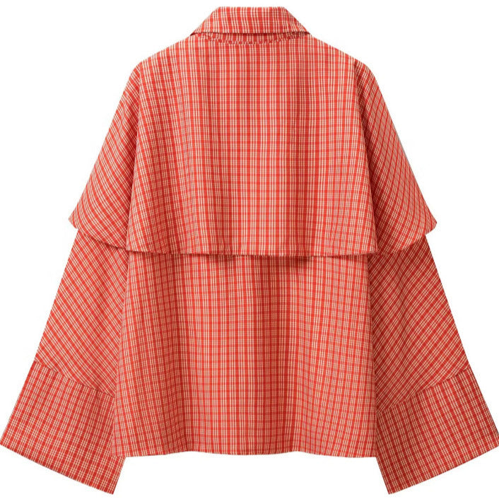 Damen Karierte Kurzjacke mit Cape‑Overlay, Schleifenbindung und extraweiten Ärmeln Drune