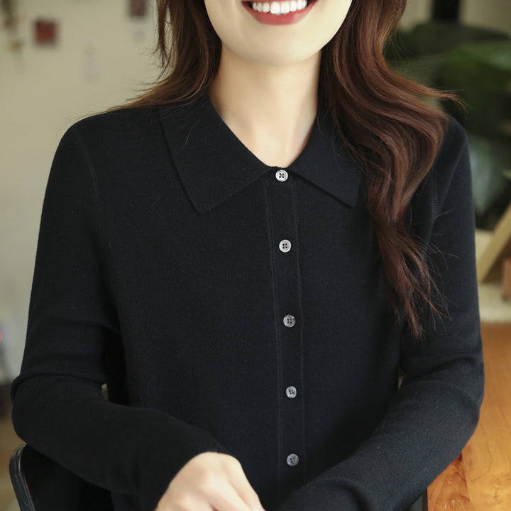 Damen Leichter Feinstrick-Cardigan mit Polokragen und durchgehender Knopfleiste Drune