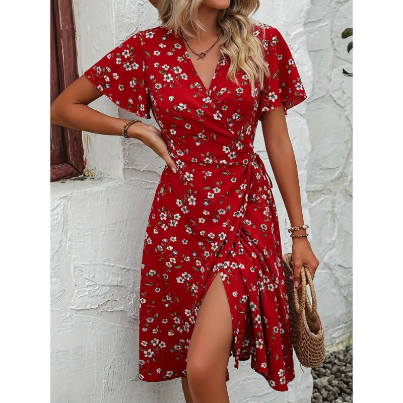 Damen Wickelkleid mit floralem Muster und seitlichem Schlitz Drune