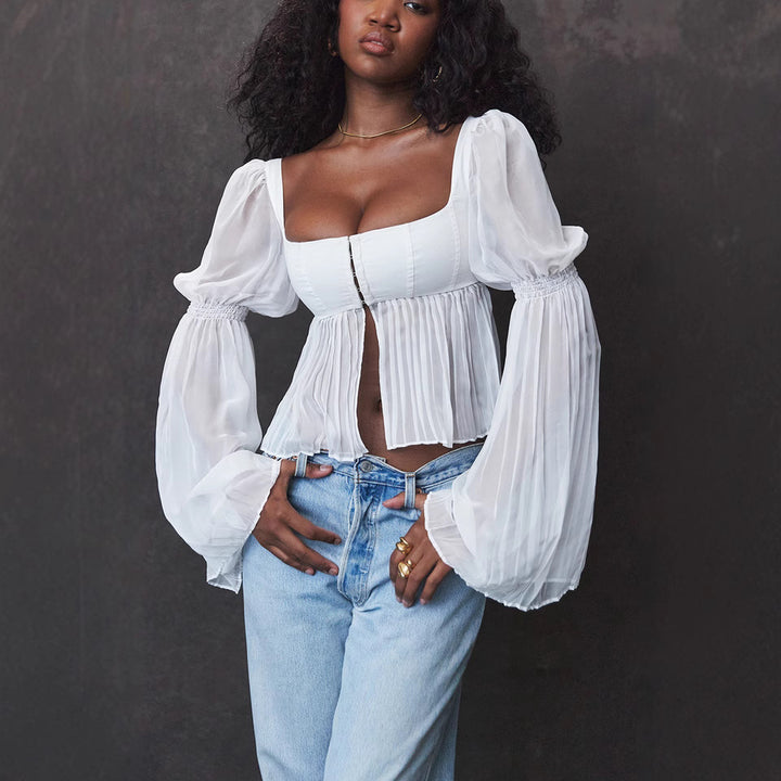 Damen Cropped Bluse mit Puffärmeln Drune