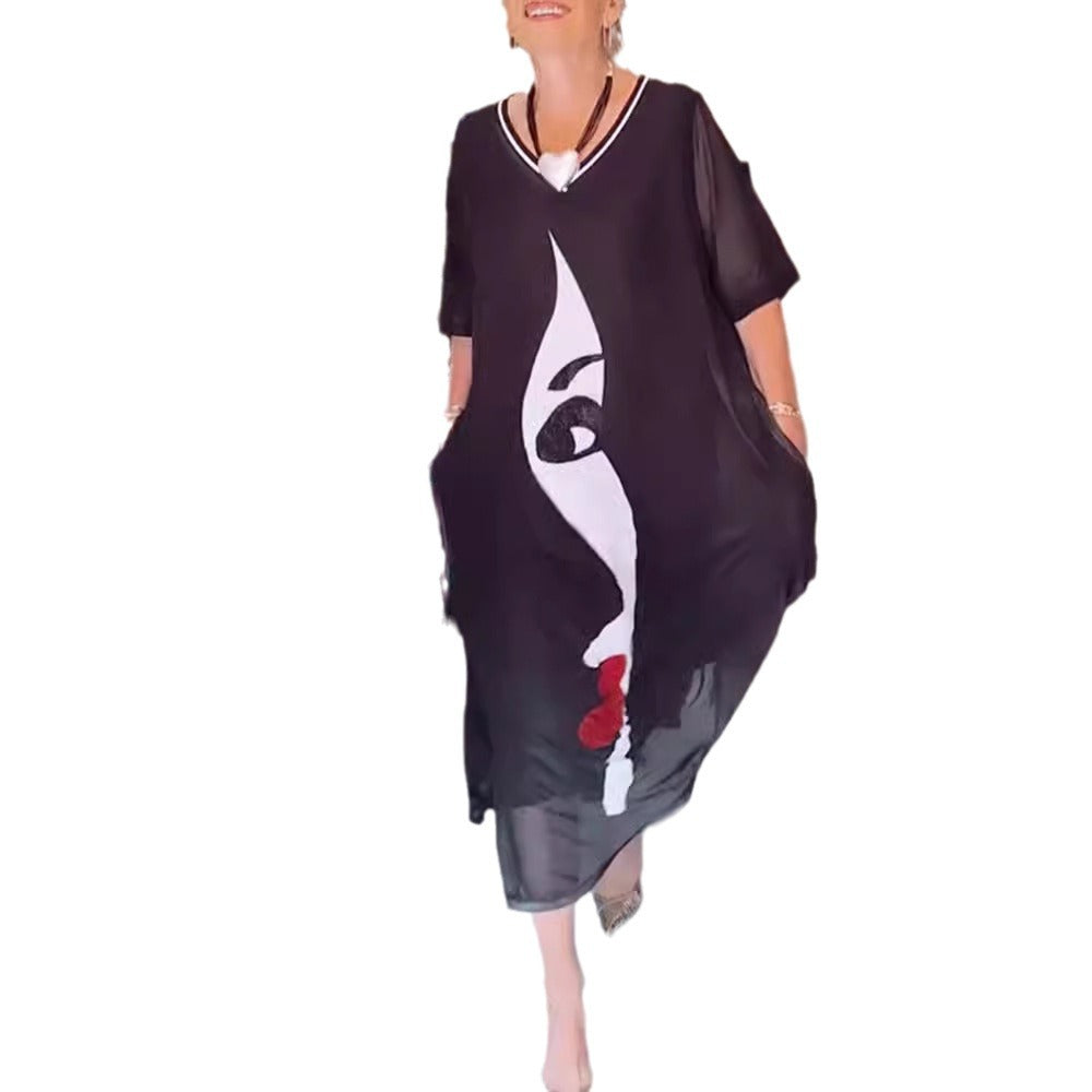 Damen nan luftiges Chiffon-Maxikleid mit grafischem Gesichtsprint, V-Ausschnitt und seitlichen Eingrifftaschen Drune