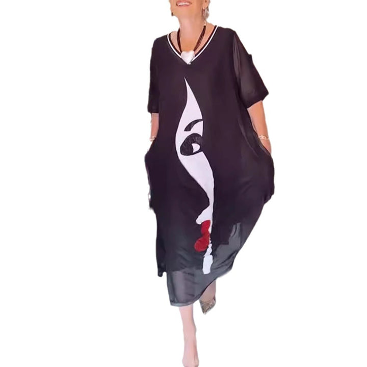 Damen nan luftiges Chiffon-Maxikleid mit grafischem Gesichtsprint, V-Ausschnitt und seitlichen Eingrifftaschen Drune