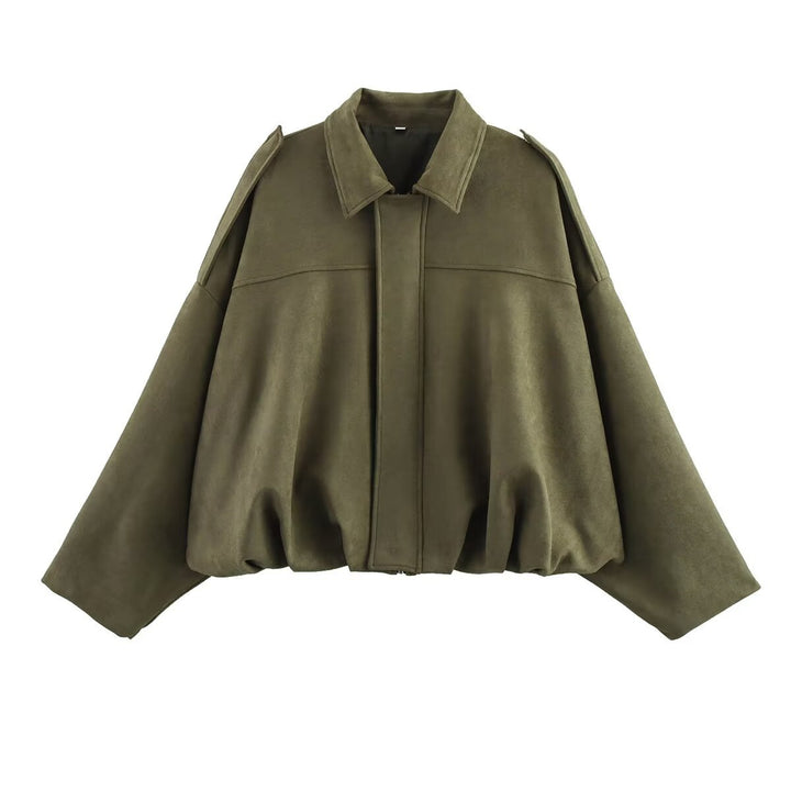 Damen Cropped Boxy Wildleder-Look Bomberjacke mit Epauletten-Schultern Drune