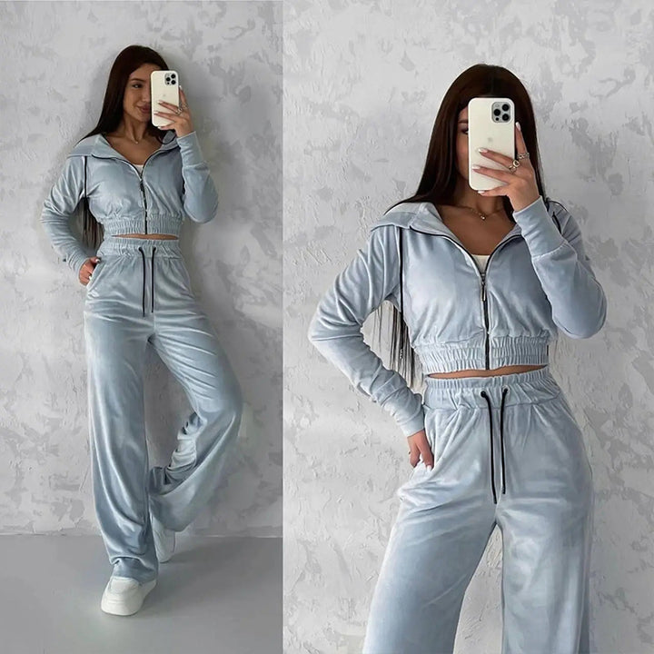 Damen lässiges Fleece-Set mit cropped Oberteil und weiter Hose