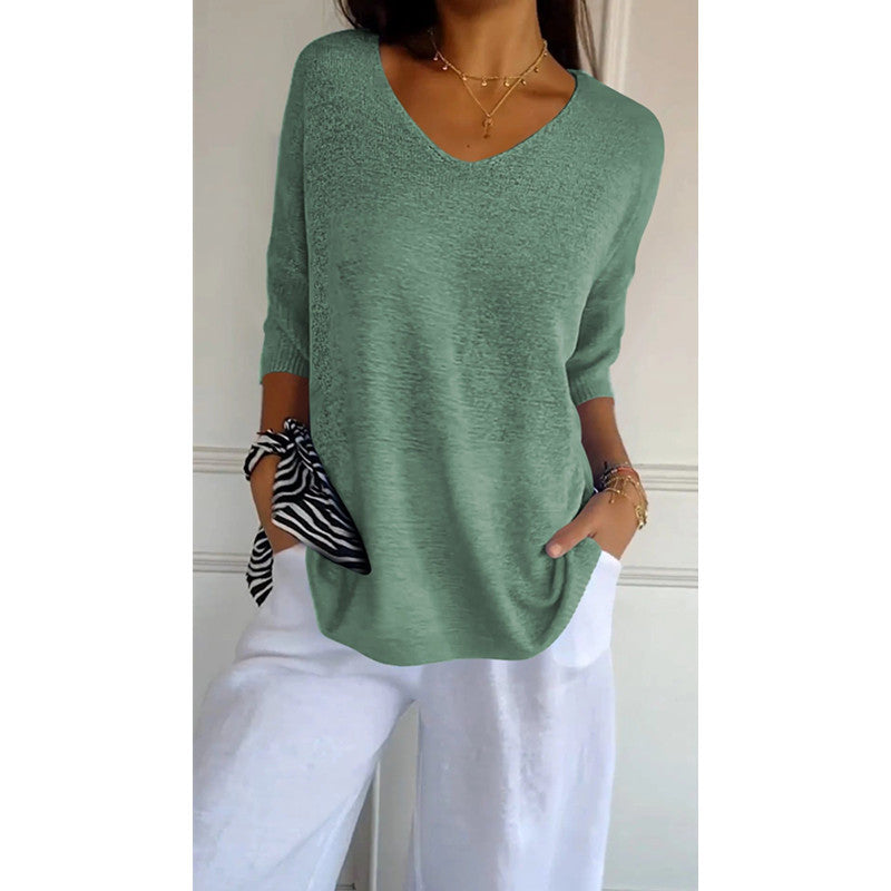 Damen nan locker sitzender V-Ausschnitt Feinstrickpullover mit dreiviertelÄrmeln Drune