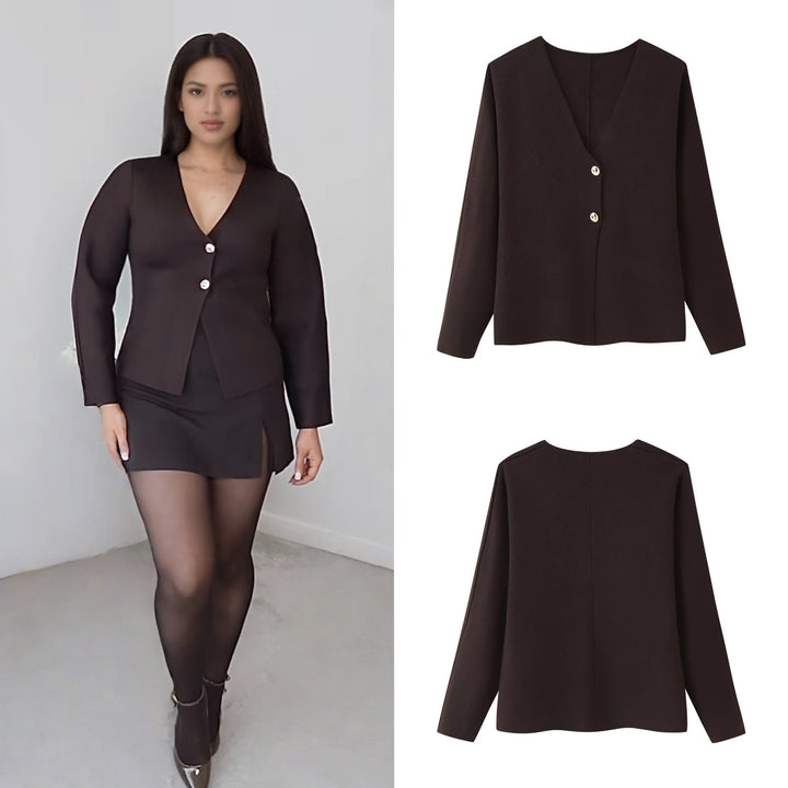 Damen elegante Strickjacke mit V-Ausschnitt und Knopfleiste Drune