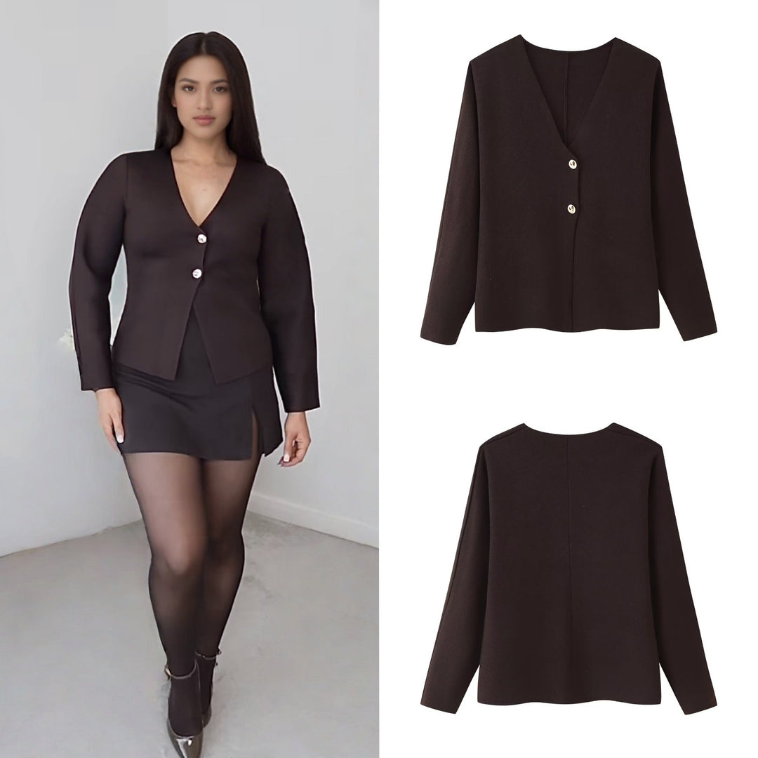 Damen Kastige Feinstrick-Jacke mit tiefem V-Ausschnitt und goldenen Zierknöpfen Drune