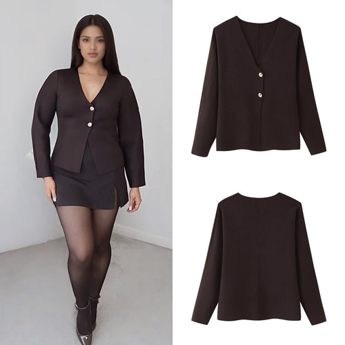 Damen Kastige Feinstrick-Jacke mit tiefem V-Ausschnitt und goldenen Zierknöpfen Drune