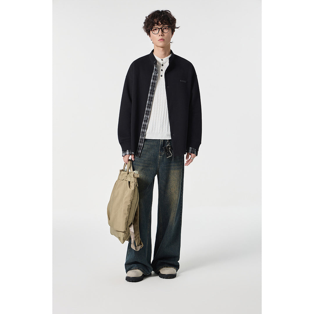 Unisex Oversize-Hemdjacke im Sweat-Overlay mit Stehkragen und karierter Innenmanschette Drune