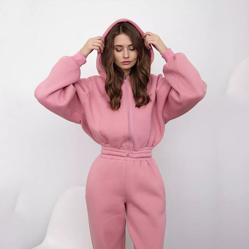 Damen Taillierter Zip-Overall im Loungewear-Stil mit Kapuze, Balloonärmeln und hoher Bundkante Drune