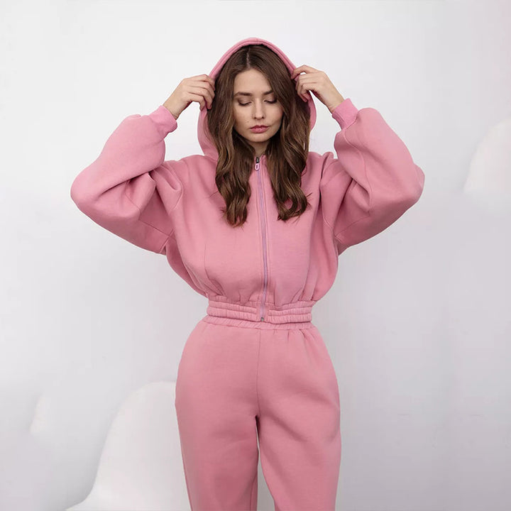 Damen Taillierter Zip-Overall im Loungewear-Stil mit Kapuze, Balloonärmeln und hoher Bundkante Drune