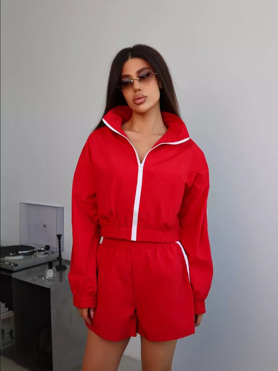 Damen nan kurzes Sport-Trackset mit Crop-Zip Jacke und elastischer Highwaist-Shorts Drune
