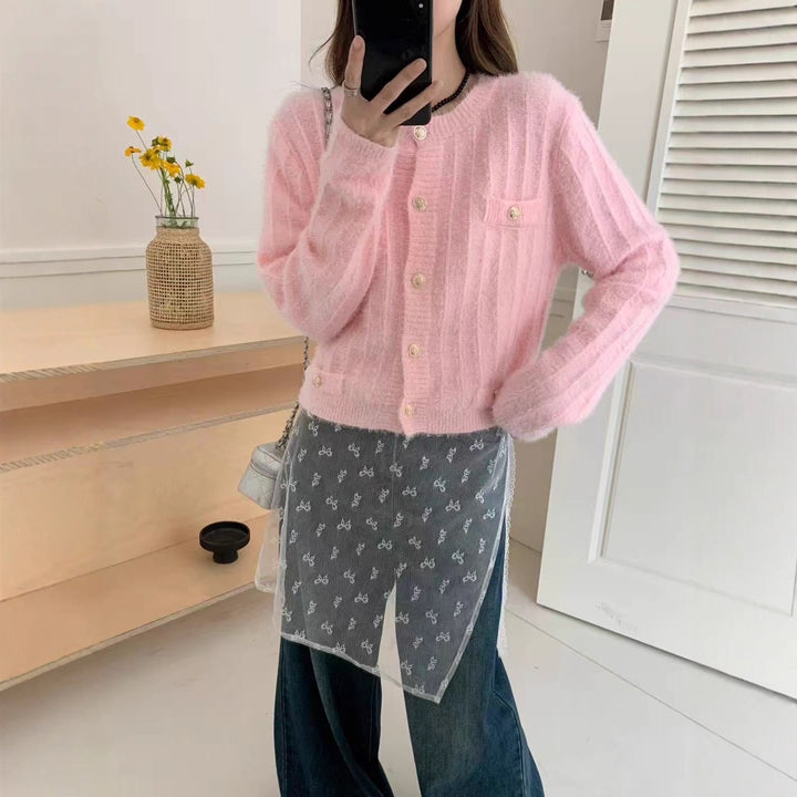 Damen Flauschiger Cardigan mit perligen Knöpfen Drune