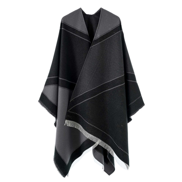 Damen Großer Wollmix Fransenponcho mit diagonalen Kontraststreifen Drune