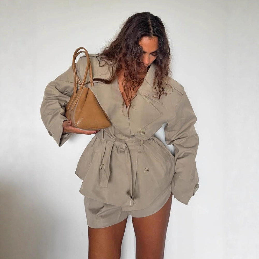Damen Kurzjacke im Trench-Stil mit taillierendem Bindegürtel und weitem Ärmel Drune