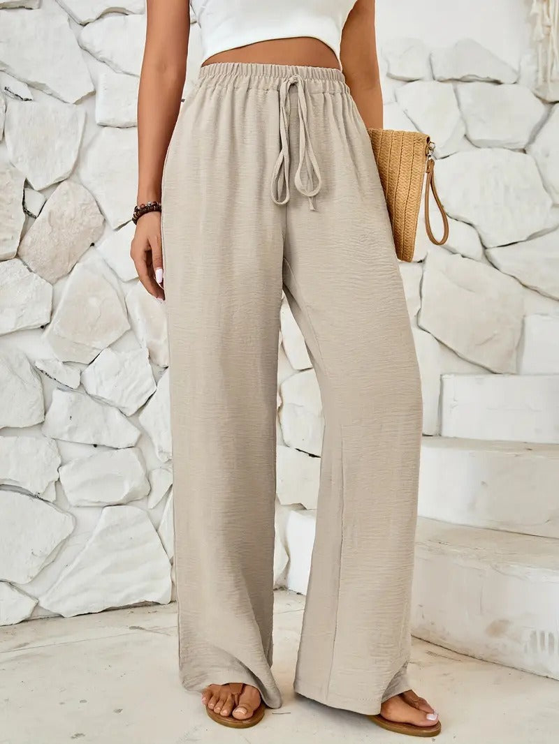 Damen Weite Leinenhose mit elastischem Taillenbund und seitlichen Eingrifftaschen Drune