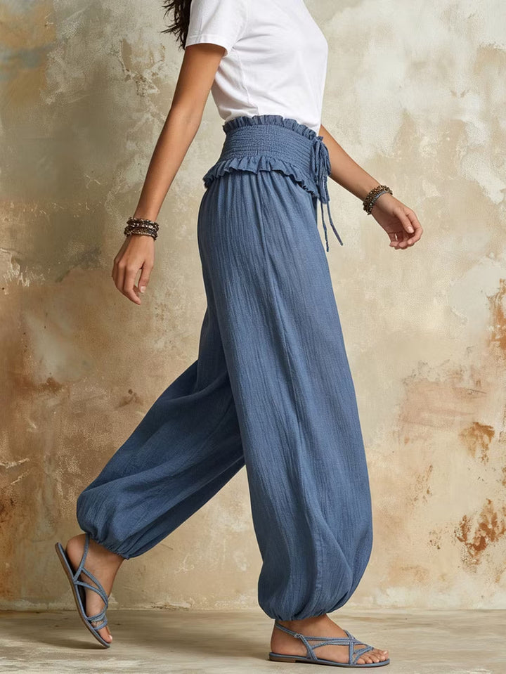 Damen Weite Haremshose mit gerafftem Smock-Bund und elastischen Knöchelabschlüssen Drune