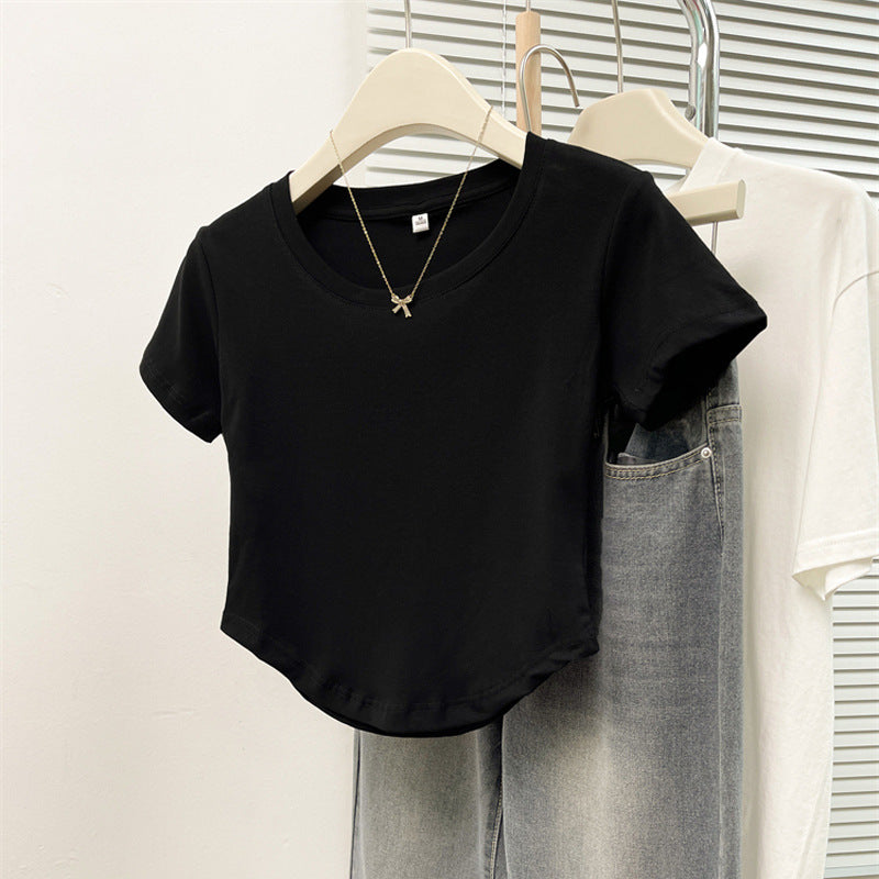 Damen Cropped Kurzarm Basic T-Shirt Drune