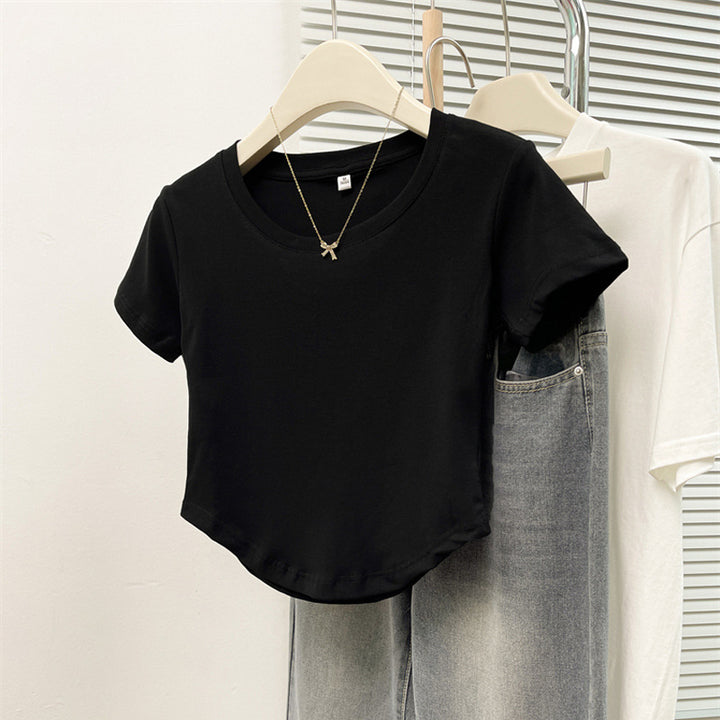 Damen Cropped Kurzarm Basic T-Shirt Drune