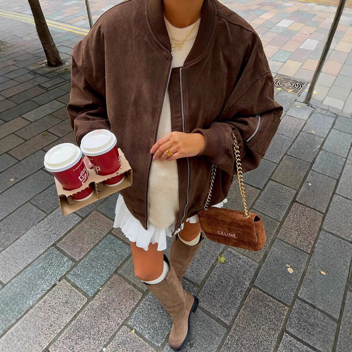 Damen Oversize-Suede-Bomberjacke mit Reißverschluss & gerippten Bündchen Drune