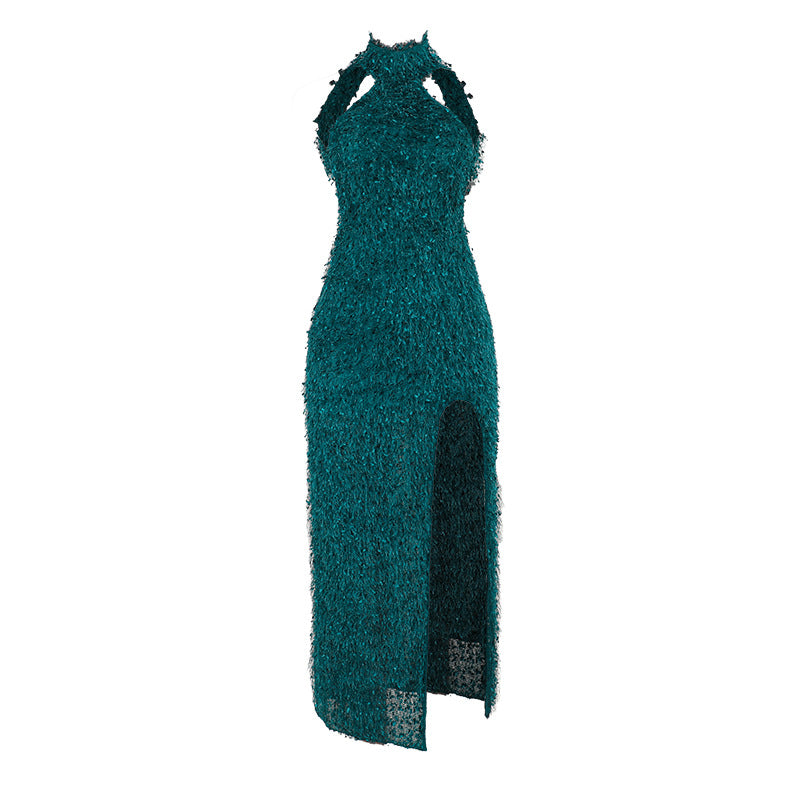 Damen elegantes Maxikleid mit hohem Schlitz und floralem Strukturdesign Drune
