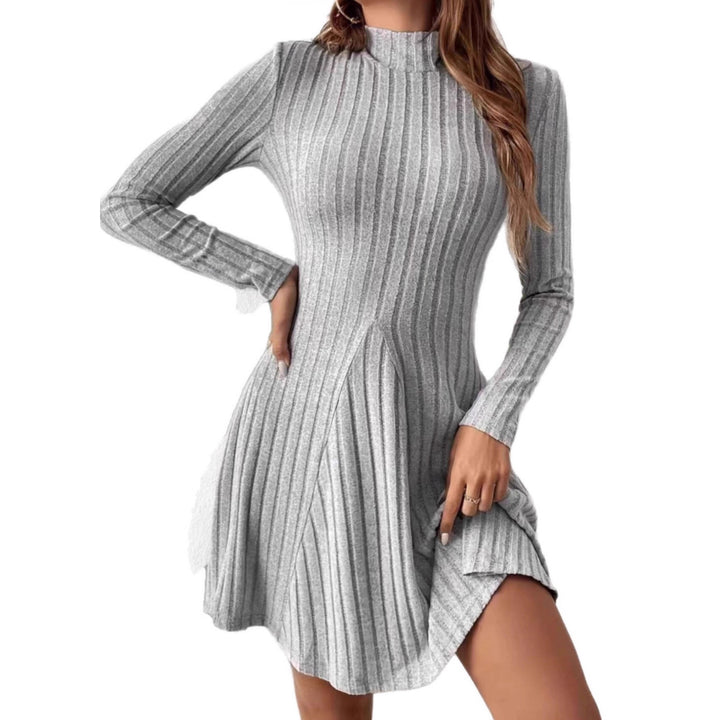 Damen Geripptes Strickkleid mit Stehkragen, taillierter A‑Linie und langen Ärmeln Drune