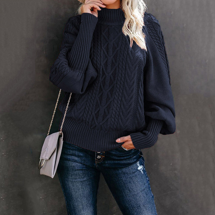 Damen Grobstrick-Pullover mit Zopfmuster, Stehkragen und Ballonärmeln Drune