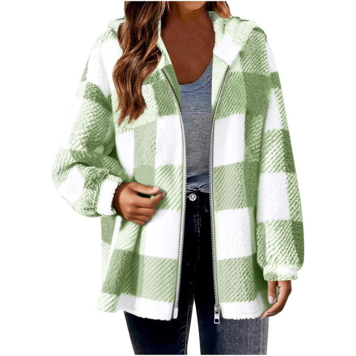 Damen Fleecejacke mit Karo-Muster und Kapuze Drune