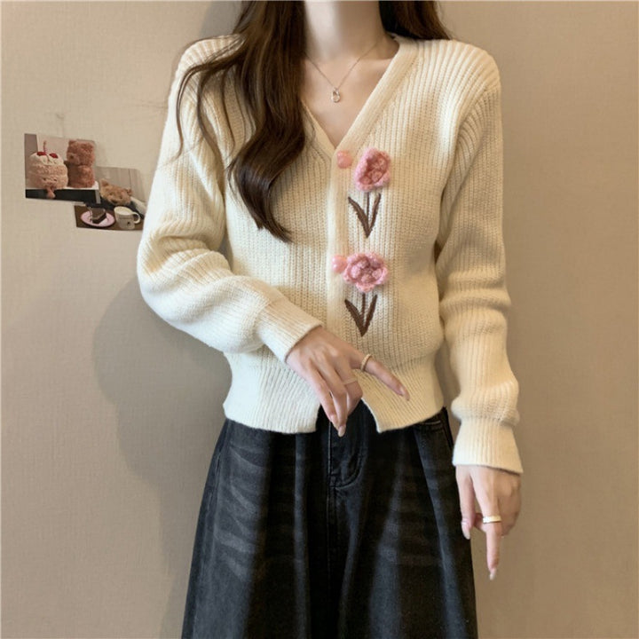 Damen Strickjacke mit floralen Applikationen und V-Ausschnitt Drune