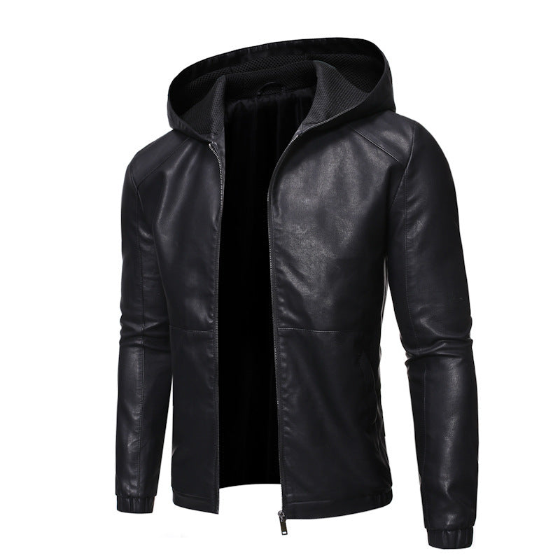 Herren Kapuzen-Lederimitatjacke im Slim‑Fit mit Reißverschluss und Raglanärmeln Drune