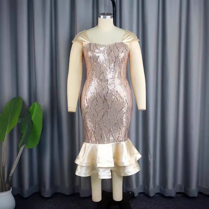 Damen glamouröses Abendkleid mit schimmernden Pailletten und voluminösem Rüschenabschluss Drune