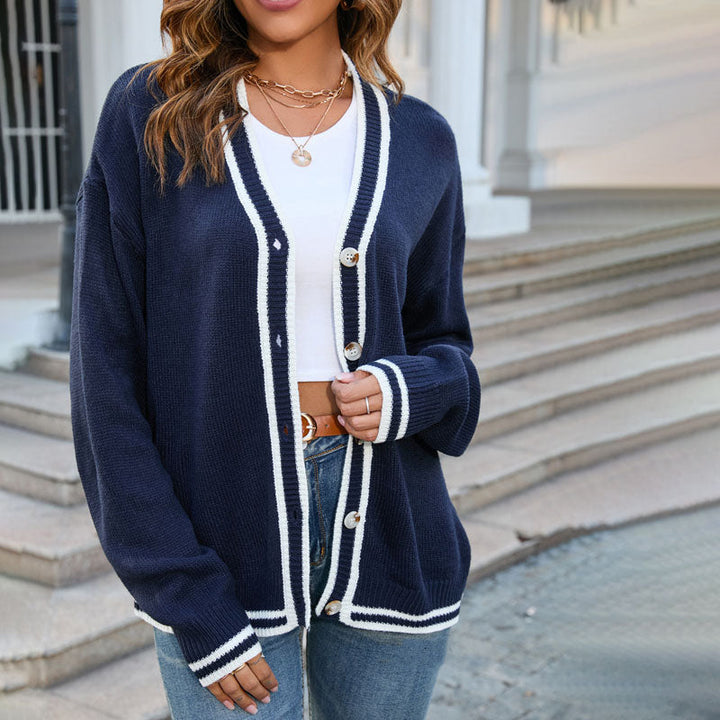 Drune | Cardigan - Damen Frühling Knopf Farbblock V-Ausschnitt Strickjacke