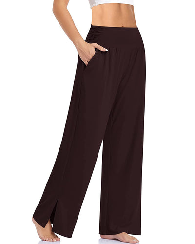 Damen nan weite Yogahose mit hohem Komfortbund, seitlichen Eingrifftaschen und seitlichem Bein-Schlitz Drune