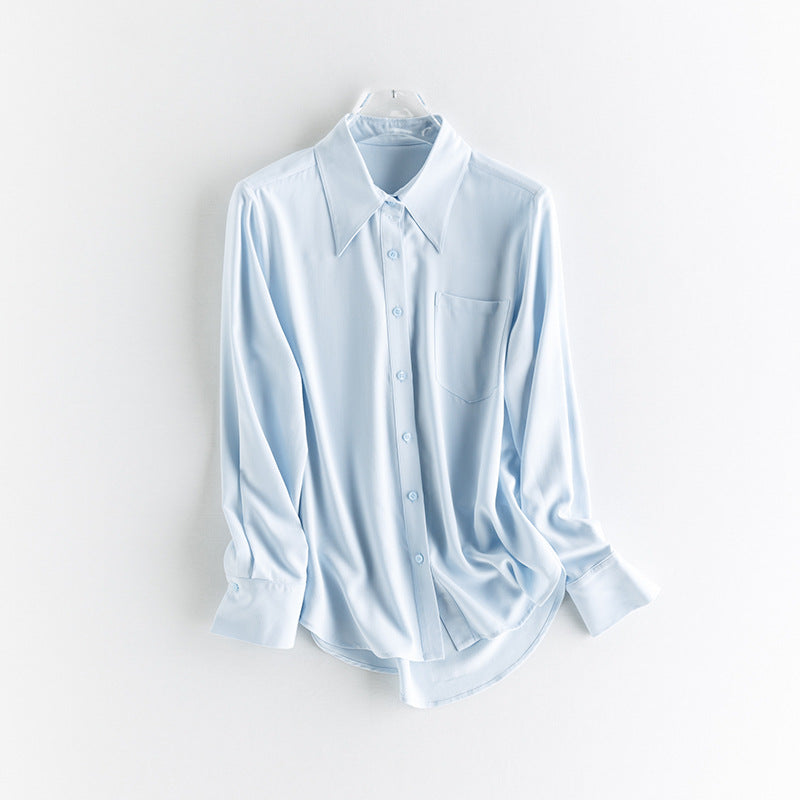 Damen seidenähnliche Oversize-Bluse mit spitzem Hemdkragen und Brusttasche Drune