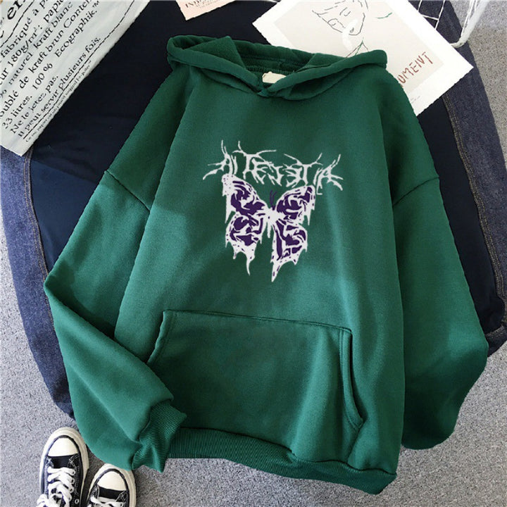 Damen nan Oversize-Kapuzenpullover mit gothischer Schmetterlings-Illustration und Kängurutasche Drune