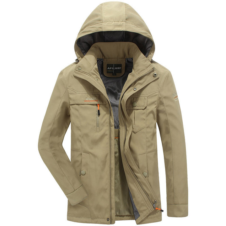 Herren wasserabweisende leichte Reisefunktionsjacke mit Kapuze und Mehrtaschen Drune