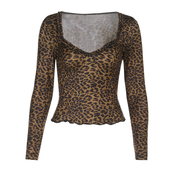 Damen elegantes Leopardenmuster Langarmoberteil Drune