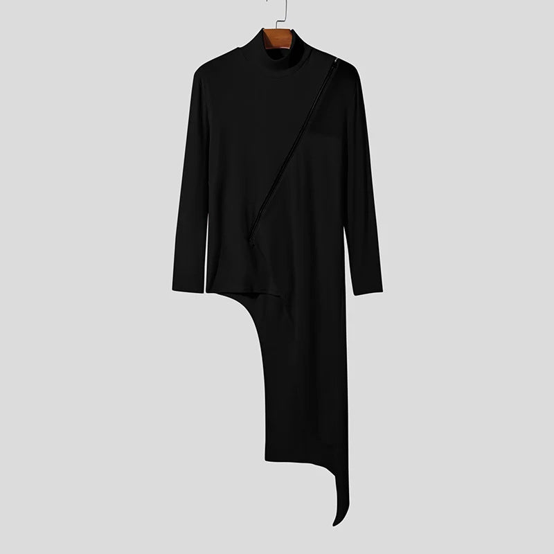 Damen nan avantgardistisches Longshirt mit schrägem Reißverschluss, Stehkragen und unregelmäßigem Zipfelsaum Drune