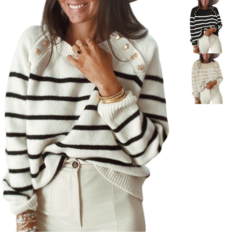 Damen lässiger Strickpullover mit modernen Streifen und dekorativen Knopfdetails Drune