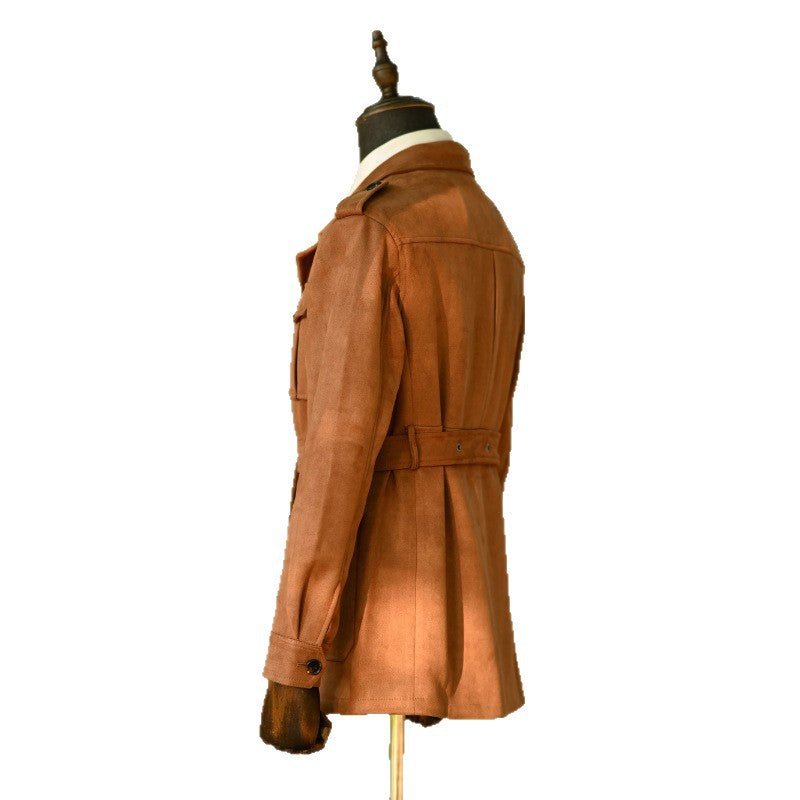 Herren Veloursleder-Safari-Jacke mit Taillengürtel und Pattentaschen Drune