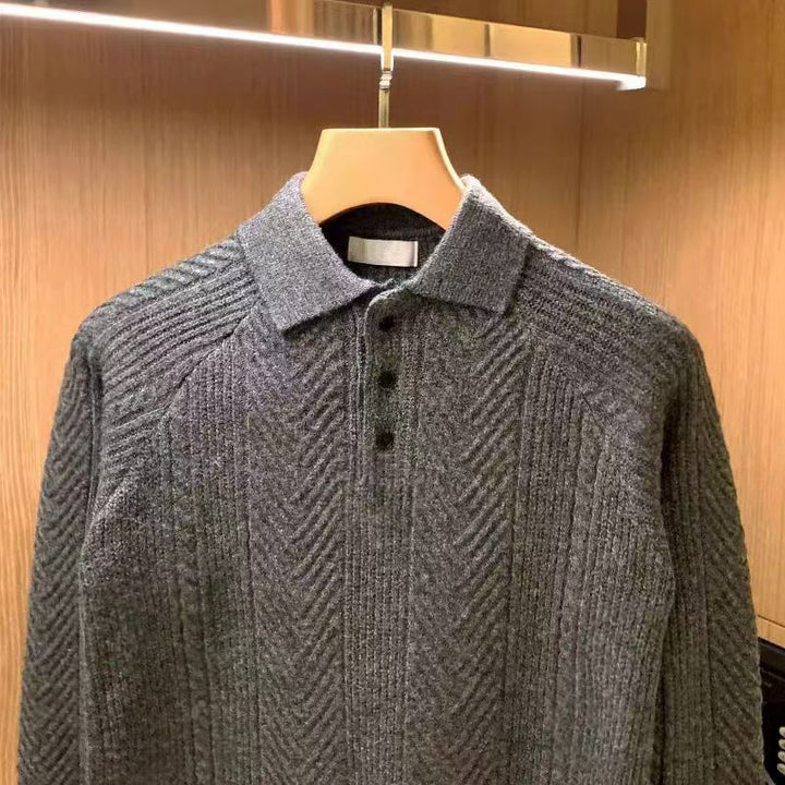 Herren Feinstrick-Polopullover mit halber Knopfleiste und Zopfmuster Drune