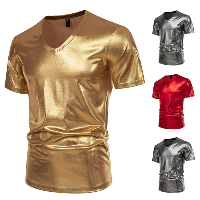 Herren V-Ausschnitt T-Shirt aus glänzendem Material mit persönlichem Stil Drune