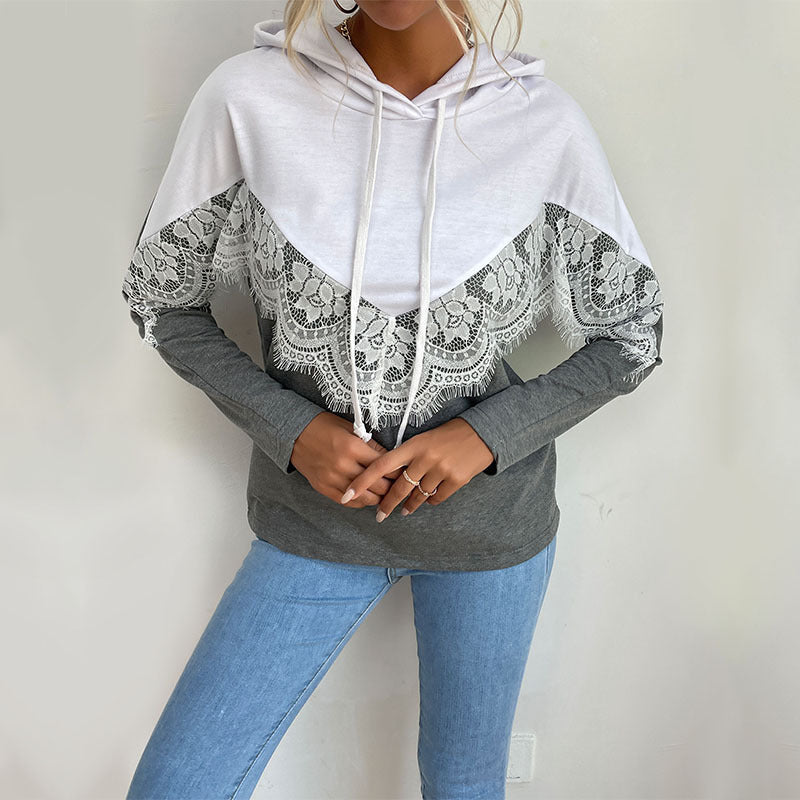 Damen Kapuzenpullover mit Spitzenbesatz und V‑Einsatz Drune