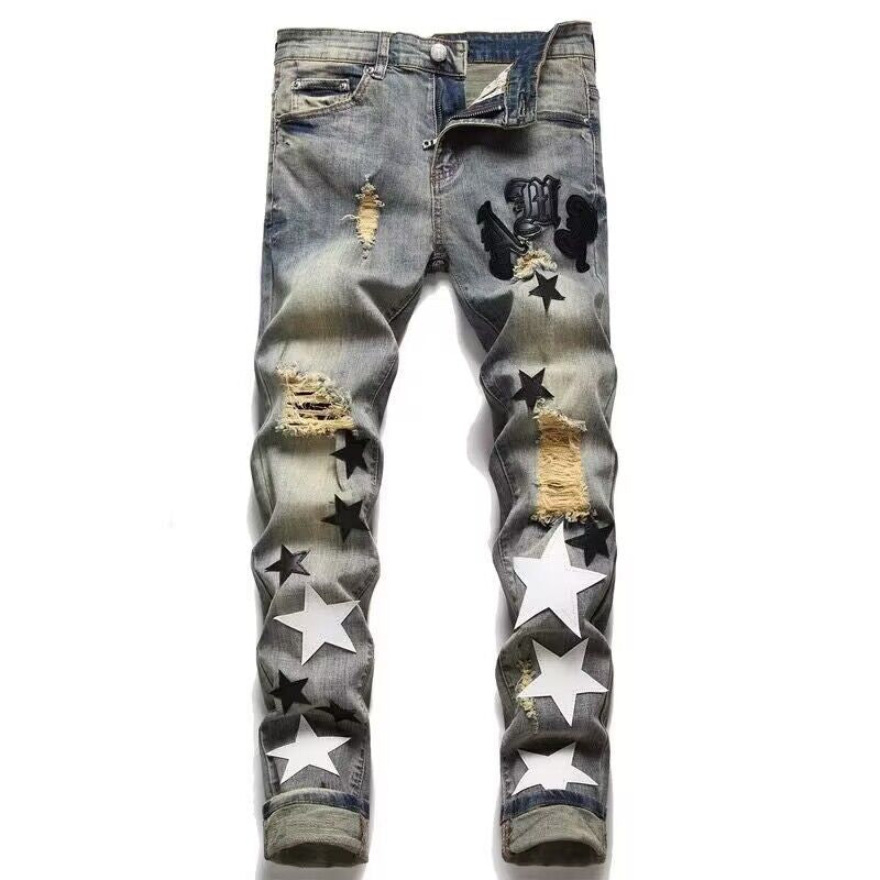 Herren Lässige Distressed Jeans mit Sternenapplikationen Drune