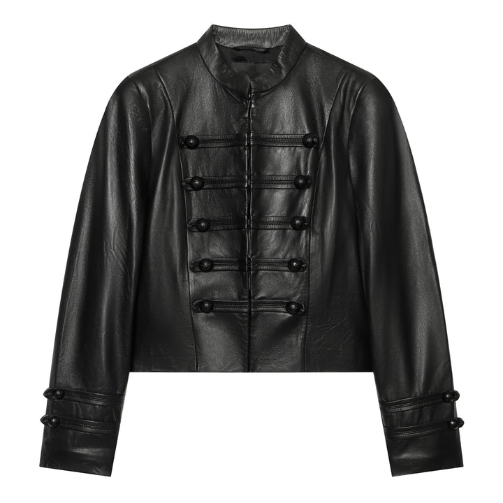 Damen Cropped Kunstlederjacke im Mandarin Militärestik mit Zierkordeln und Stehkragen Drune